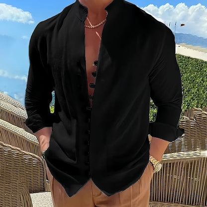 Cordoba Linen Stand Collar Long Sleeve Shirt