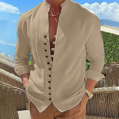 Cordoba Linen Stand Collar Long Sleeve Shirt