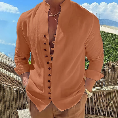 Cordoba Linen Stand Collar Long Sleeve Shirt