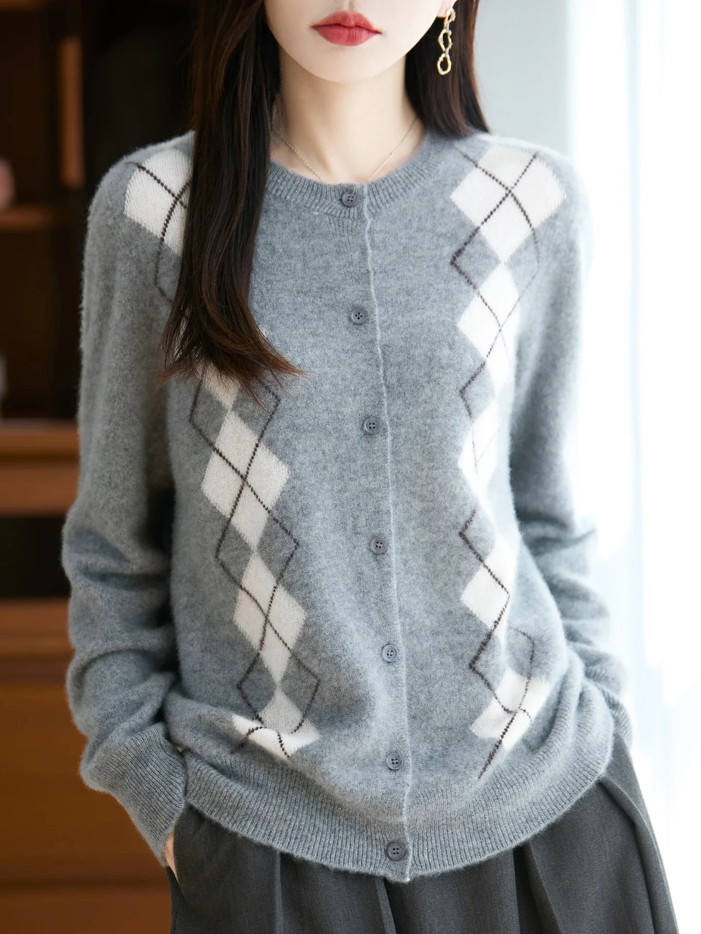 Trieste Argyle Merino Wool Blend Cardigan