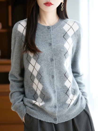 Trieste Argyle Merino Wool Blend Cardigan